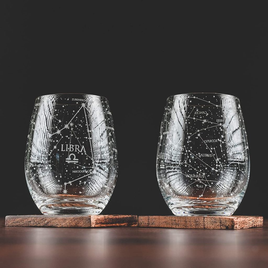Stemless wine glasses with zodiac sign for Libra gift