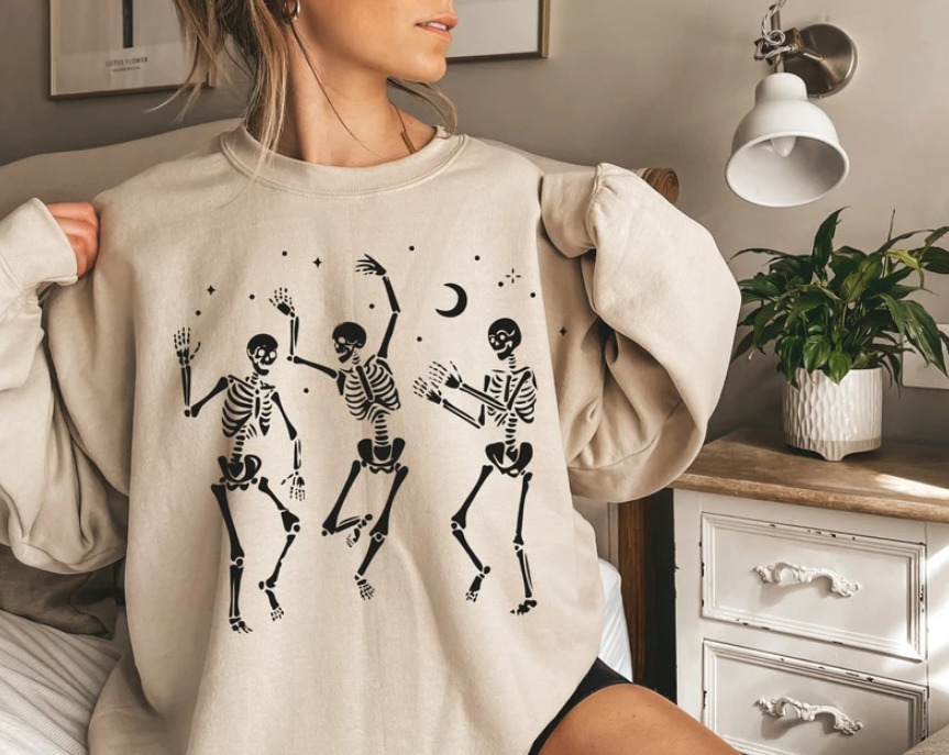 Skeletons dancing on cozy oversized shirt for Halloween gift