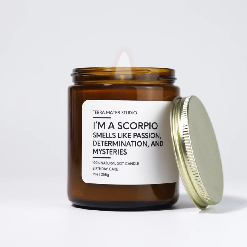 Funny Scorpio Candle with key traits for the zodiac sign
