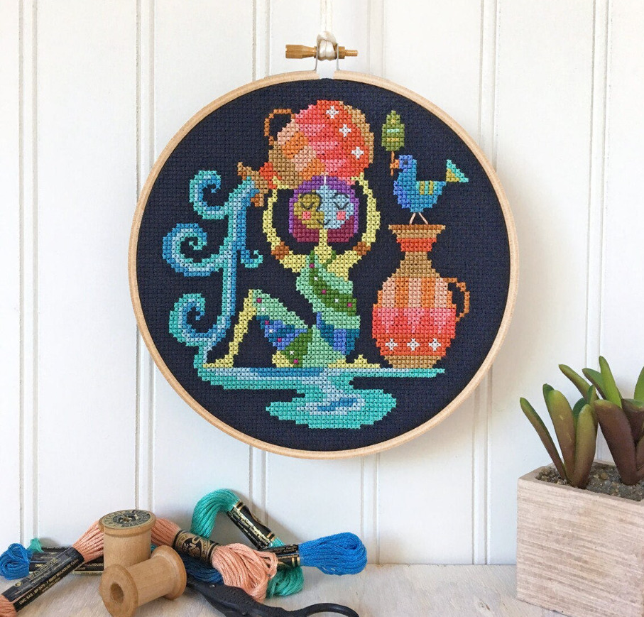 Cross Stitch pattern of the water bearer for Aquarius gift