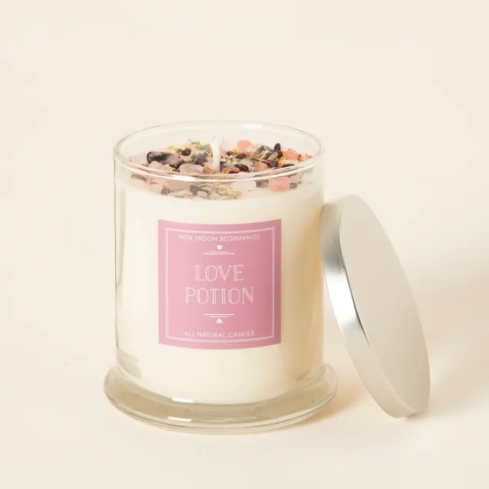 The Love Potion candle with romantic gemstones on top for Valentine's Day Gift