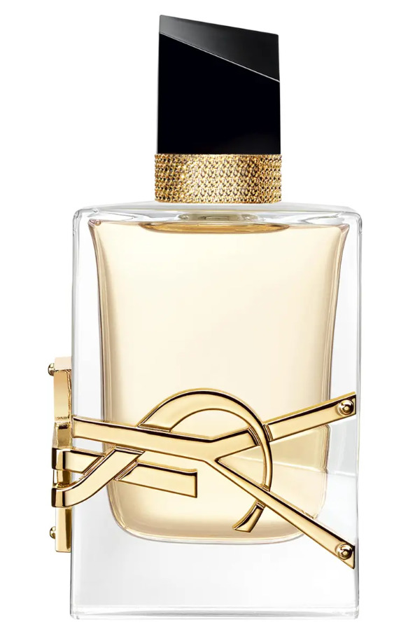 Perfume bottle with Yves Saint Laurent logo embellishment