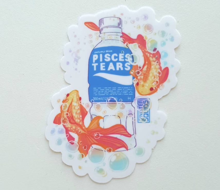 Pisces Tears waterbottle image on sticker with two fish swimming in opposite directions