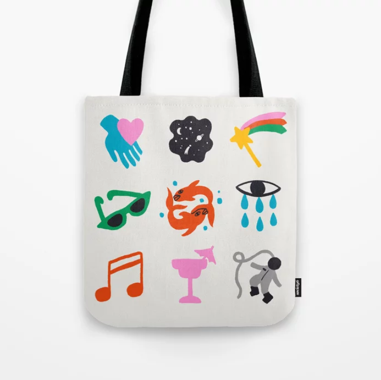 Totebag with nine colorful emojis to represent Pisces zodiac sign