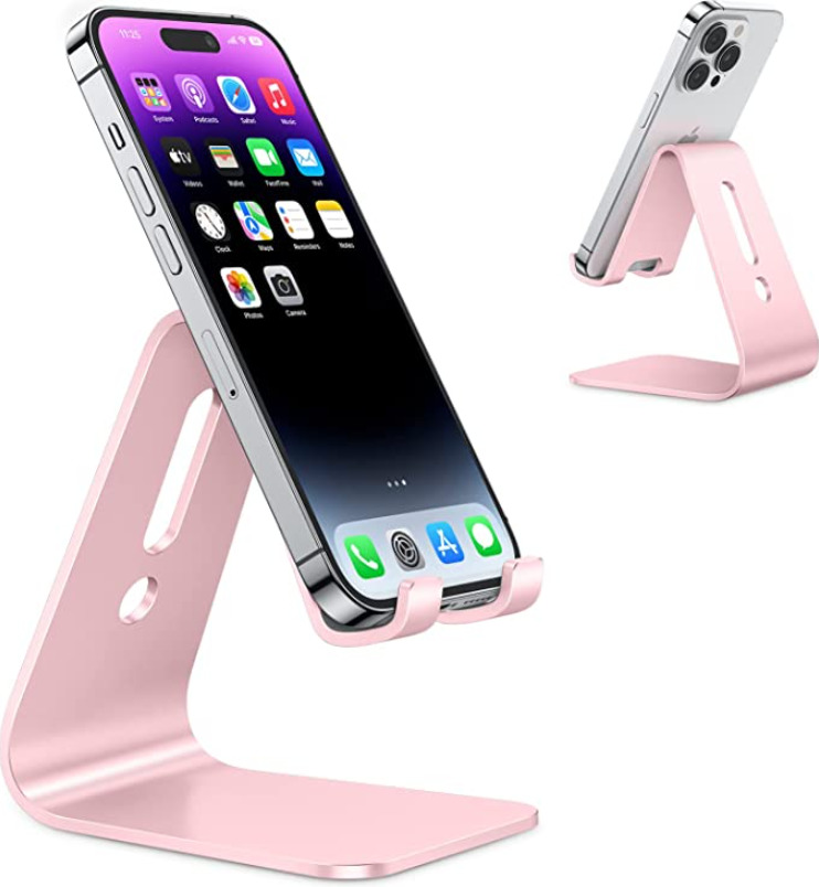 Desktop phone holder in rose gold with hole in back for charger
