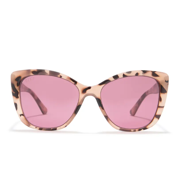 Sunglasses with tortoise shell frame and rose colored lenses
