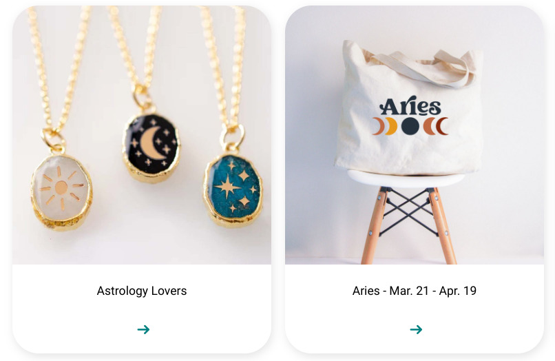 Screenshot of Elfster's Astrology Lovers and Aries gift guides