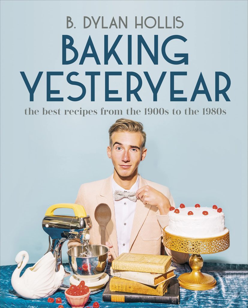 Baking Yesteryear cookbook cover with author and baking tools, cake