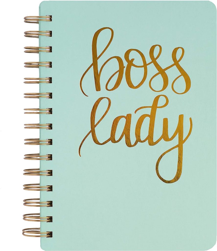 Blue notebook with gold lettering that says Boss Lady