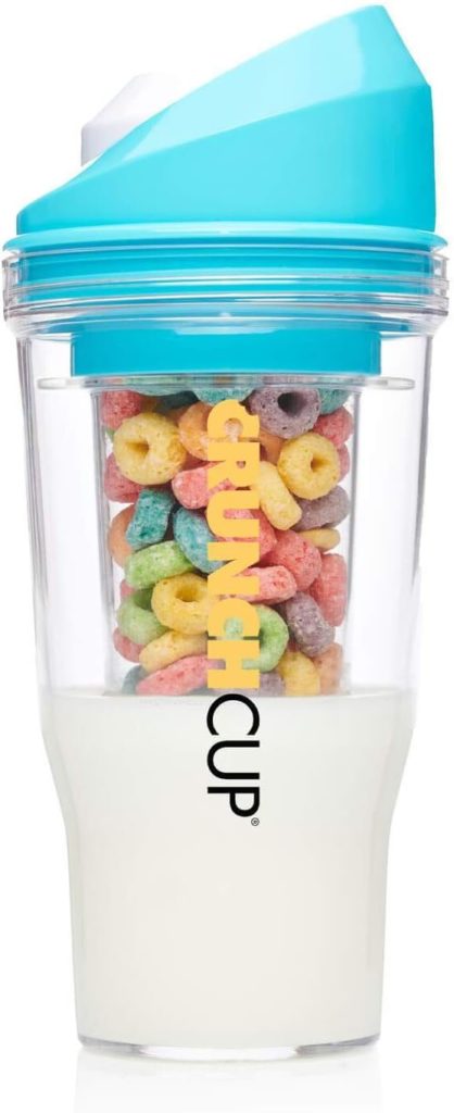 Crunch Cup that holds cereal and milk in a drinkable container