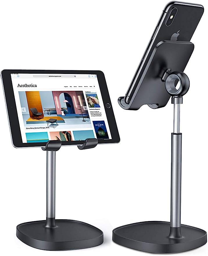 Cell phone and tablet on adjustable black stand