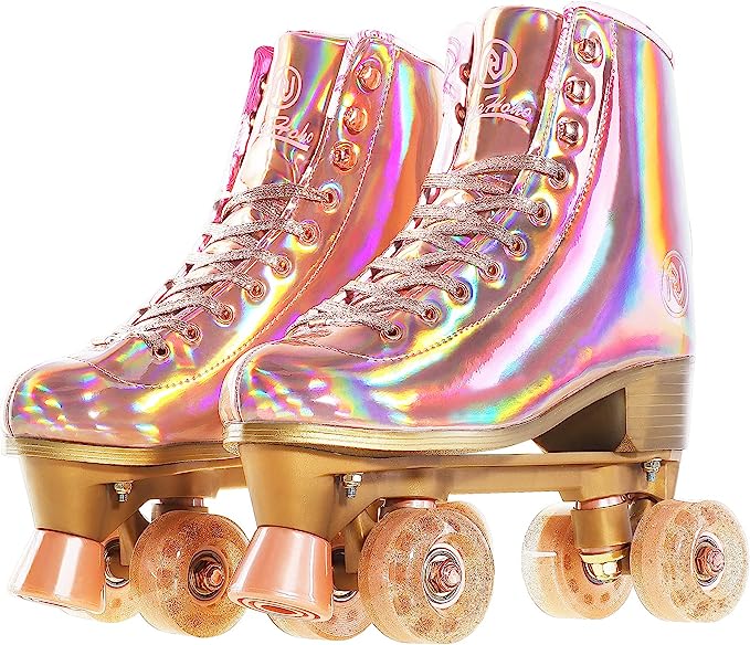Holographic roller skates with sparkling wheels for high energy Aries gift 