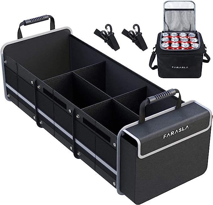 Collapsible black trunk organizer with five compartments and matching cooler