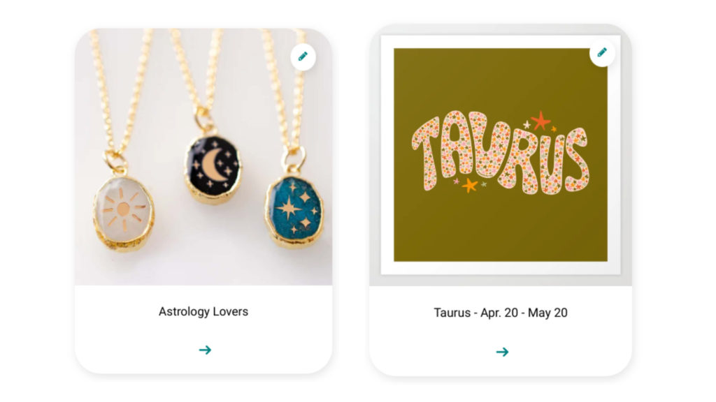 Images of necklaces on Astrology Lovers tile and Taurus art tile from Elfster gift guides