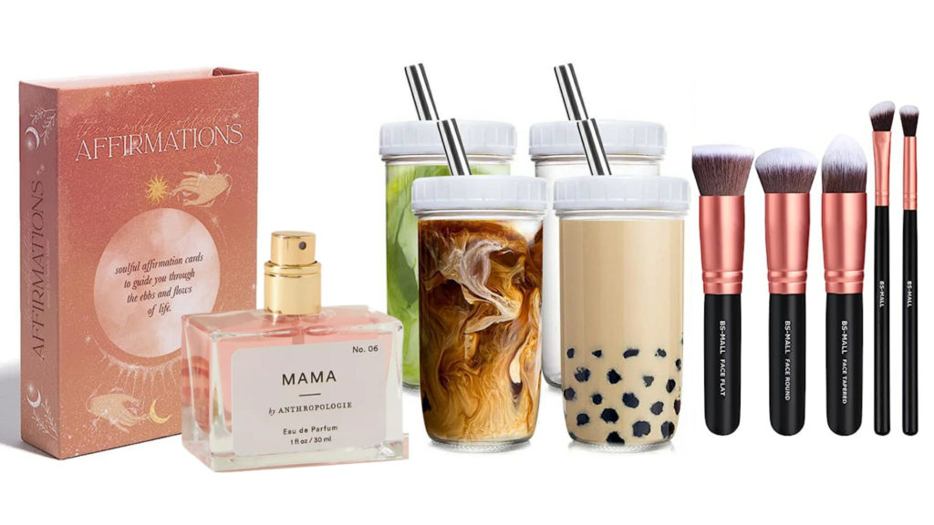 Images of four most wished-for gifts including affirmation card deck, mama perfume bottle, four cups with lids and makeup brushes