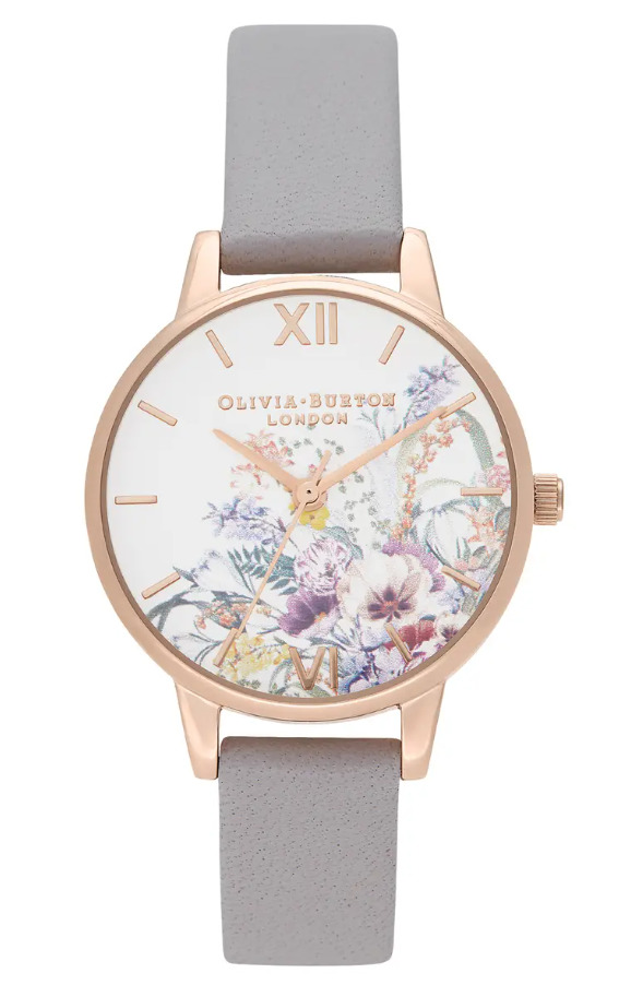 Olivia Burton leather strap women's watch in Enchanted Garden pattern