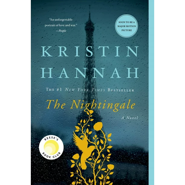 Cover of the novel The Nightingale by Kristin Hannah with bird image overlaying the Eiffel Tower