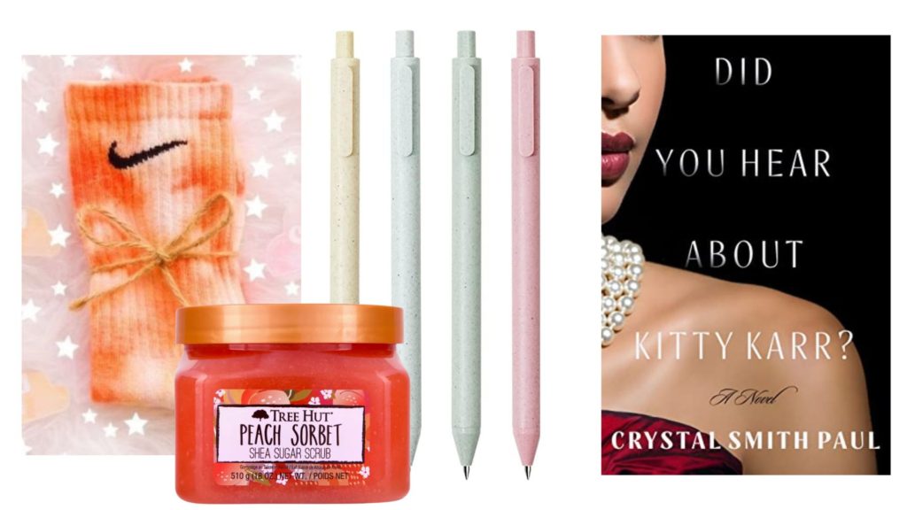 Images of four most wished-for gifts including tie dye socks, peach sorbet shea sugar scrub, eco-friendly gel pens and Did You Hear About Kitty Karr novel