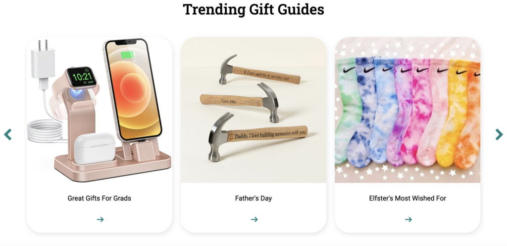 Screenshot image highlighting gift guides Great Gifts for Grads, Father's Day and Elfster's Most Wished For