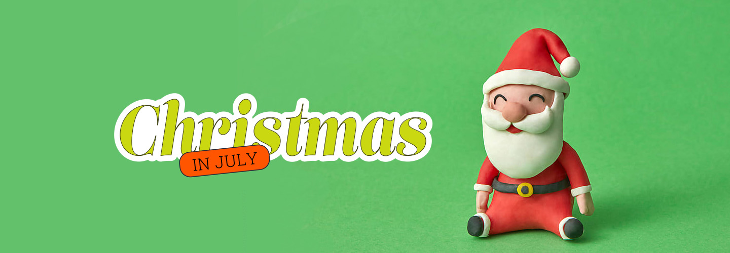 Christmas in July Giveaway banner with sitting Santa Claus