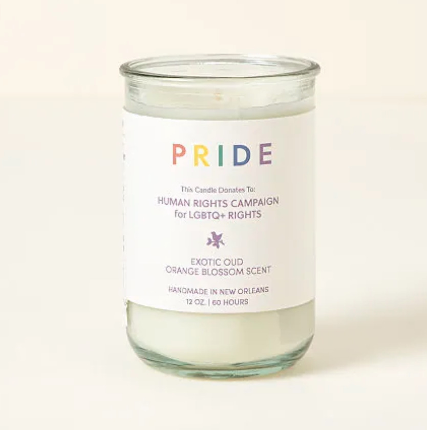 Pride Candle from Uncommon Goods that donates proceeds from sales to Human Rights Campaign for LGBTQIA+ Rights