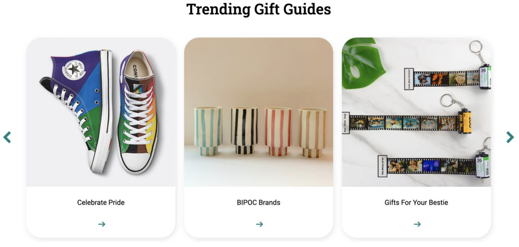 Screenshot of Trending Gift guides on Elfster website