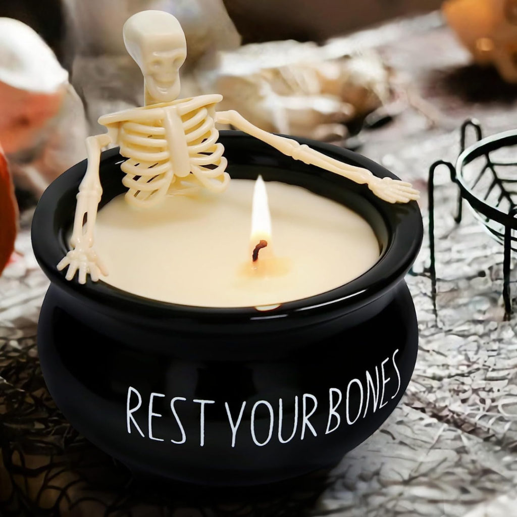 Plastic skeleton taking a bath in a candle for funny Halloween gift