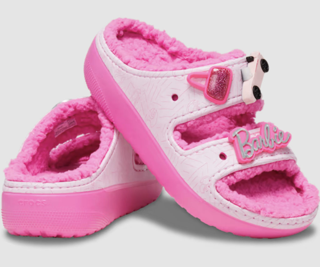 Barbie movie inspired cozy Crocs slides with Barbie Jibbitz charms