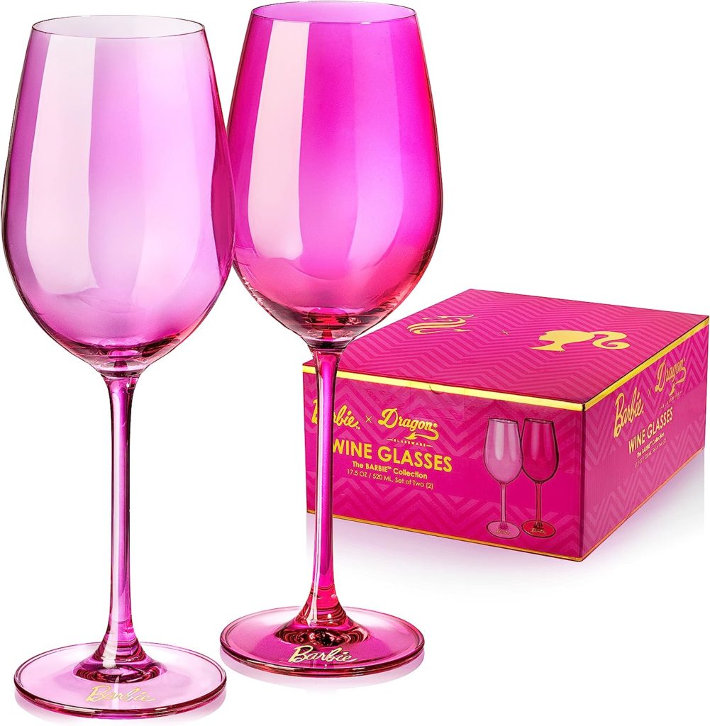 Wine glasses in pink and magenta from the Barbie Collection by Dragon Glassware for Barbie movie gift