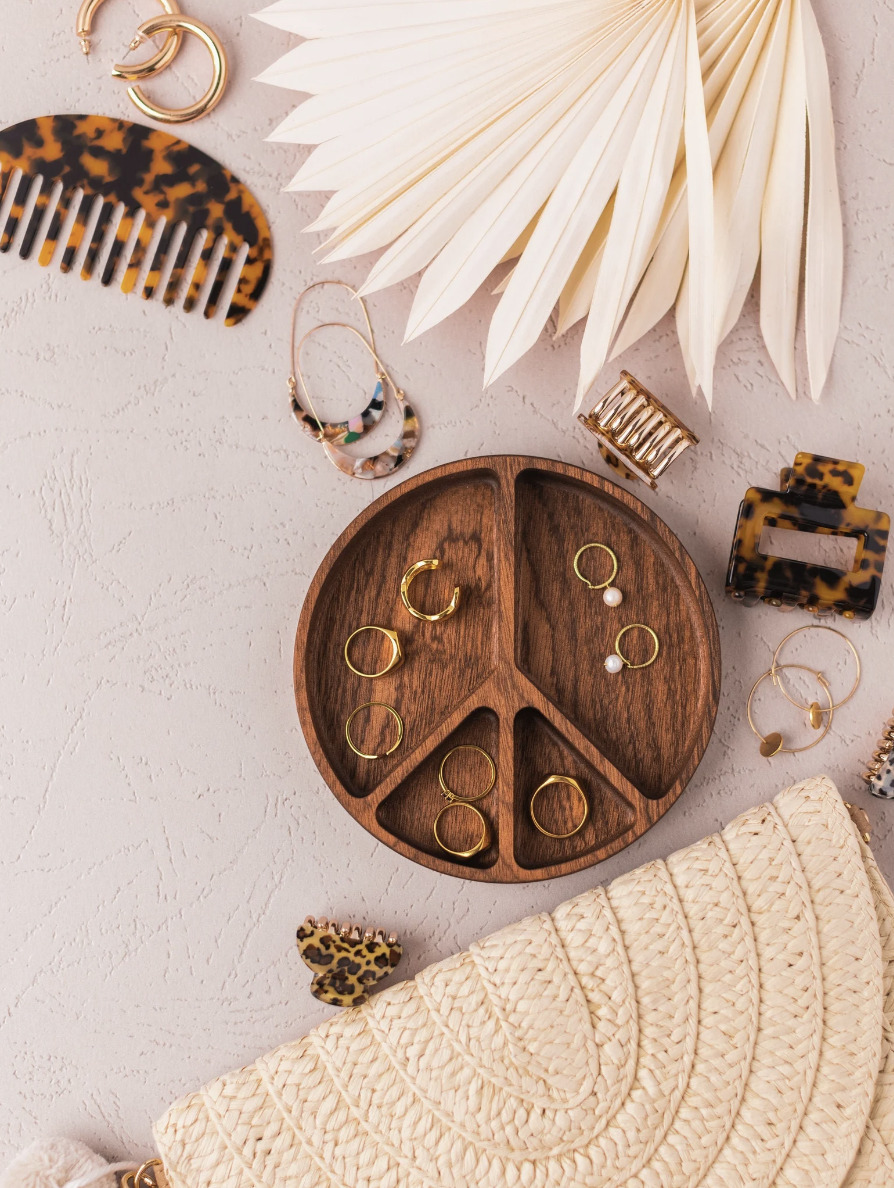 Wood peace sign jewelry tray for Libra gift
