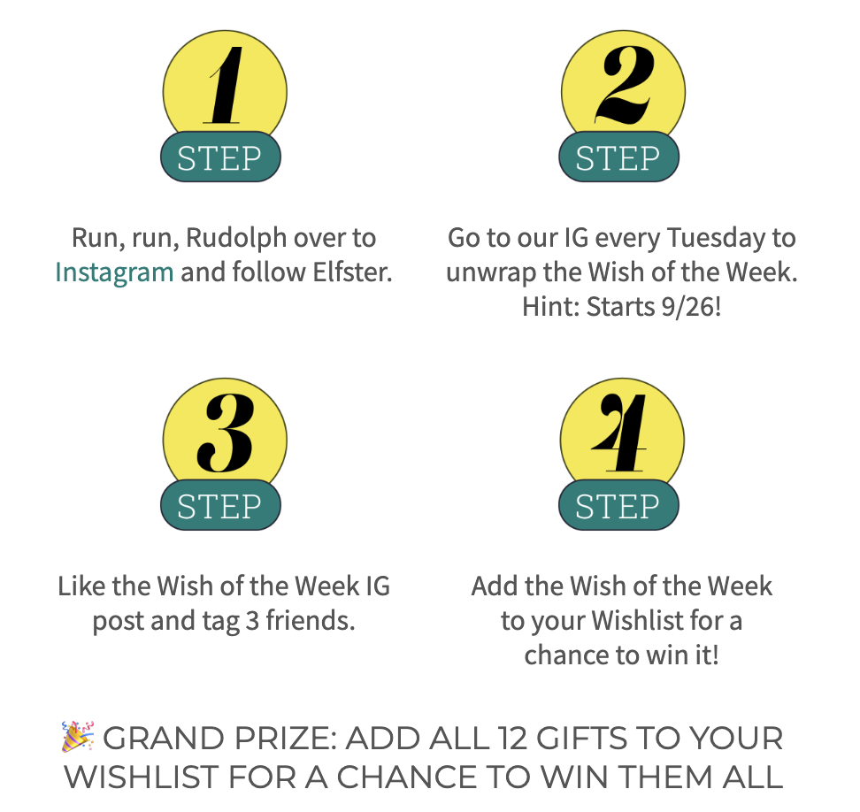 Steps for how to enter Elfster's Wish of the Week giveaway in 2023.