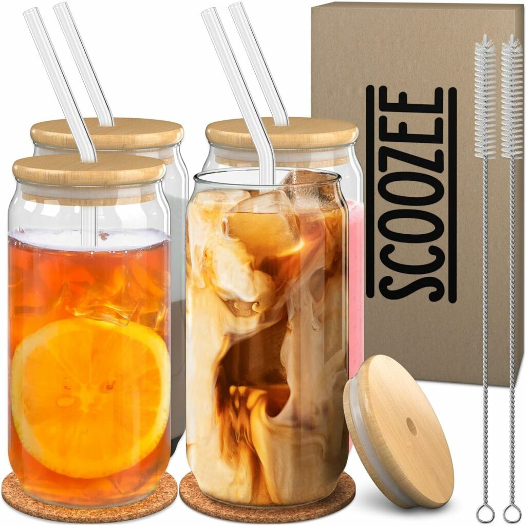 Scoozee glass tumblers for iced coffee or tea