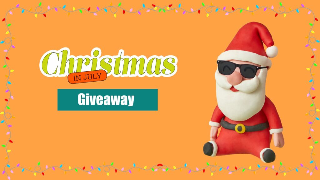 Christmas in July Giveaway banner with sitting Santa Claus